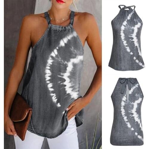 Ladies New Fashion Tie-Dye Lace Sleeveless Sling Gray