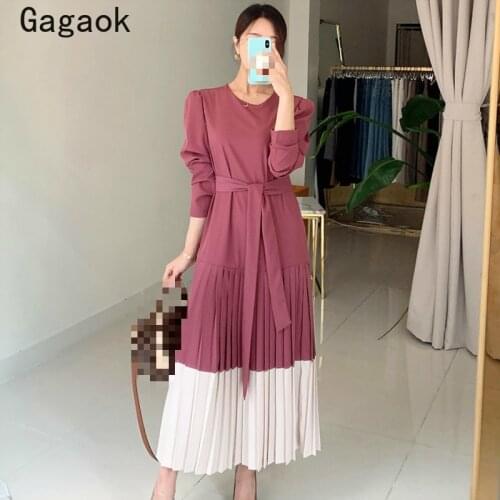Gagaok women dresses french fashion 2020 spring autumn new O-Neck Patchwork Sashes Midi dress slim Pleated chic wild vestidos