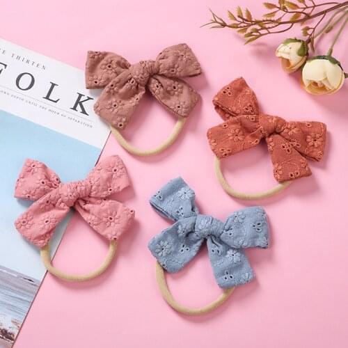 36pc/lot New Embroidery Hair Bow with Thin Nylon Headband or Clip for Baby Girls Flower Nylon Headband Kid Cotton Bows Headbands
