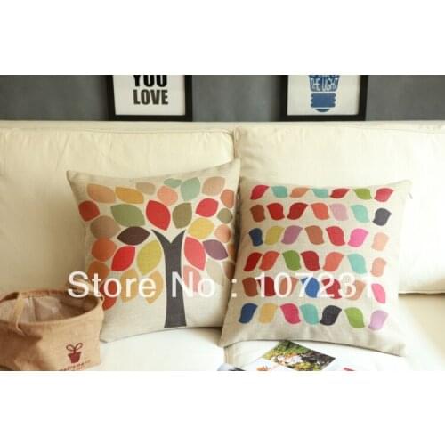 45cm Square Vintage Retro Colorful leaf Linen Cushion Cover Home decor Zip Openner 2pcs/lot