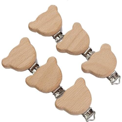Chenkai 50PCS Wooden Bear Pacifier Clips Nature DIY Organic Eco-friendly Nature Baby Pacifier Rattle Teething Grasping Toy