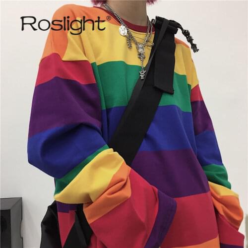 Rainbow Striped T Shirt Women Harajuku Korean Fashion Female Tops Long Sleeves Oversize Tees Ladies Girls T Shirts Tops