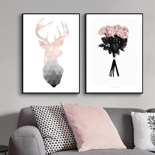 Geometric Deer Abstract Canvas Painting Rose Flower Posters And Prints Nordic Poster Pink Wall Art Pictures Room Home Decor