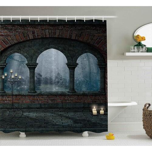 Gothic Decor Shower Curtain Medieval Castle at Night with Old Arch and Candles Middle Age Misty Image Bathroom Curtains
