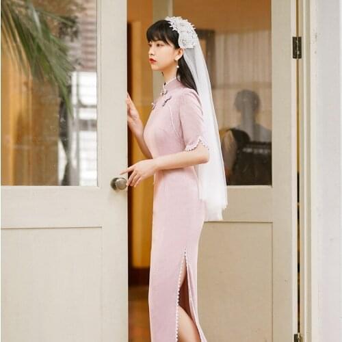 Chinese Dress Pink Qipao Spring Summer Cheongsams Over The Knee Female Dress Robe Short Sleeve Retro Traditional China Clothing