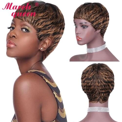 Short Human Hair Wigs Pixie Cut Straight Remy Brazilian Hair for Black Women Machine Made Highlight Color Cheap Glueless Wig