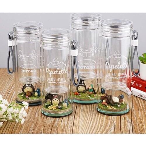 Creative Cute Totoro Cartoon Glass Portable Drinking Cup Double Layer Micro-Landscape Teacup with Lid and Rope Water Bottle