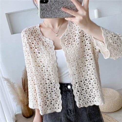 New Lace Shirts Spring Summer Crochet White Apricot Lace Blouse Women Fashion Tops Sexy Hollow Out Knitted Cardigan Chemise