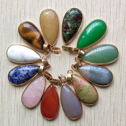 Wholesale 12pcs/lot fashion mix natural stone gold side water drop charm pendants 15x30mm for jewelry making free shipping