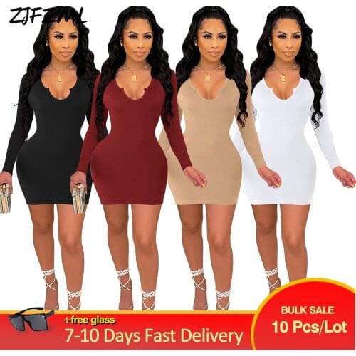 Bulk Items Wholesale Lots Womens Mini Dresses Early Autumn Deep V Neck Full Sleeve Skinny Dress Sexy Clubwear Party Sheath Robe