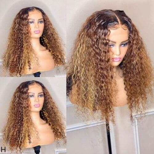 Curly Highlight Ombre Lace Front Human Hair Wigs 180% Density Pre-Plucked Remy Peruvian Lace Front Wigs For Women Bleached Knots