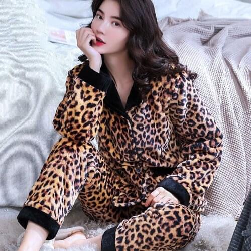 2020 New Thick Women Pajamas Set Winter Warm Flannel Pajama Sets Pyjamas Leopard Womens Pyjamas Animal Sleepwear Pajamas