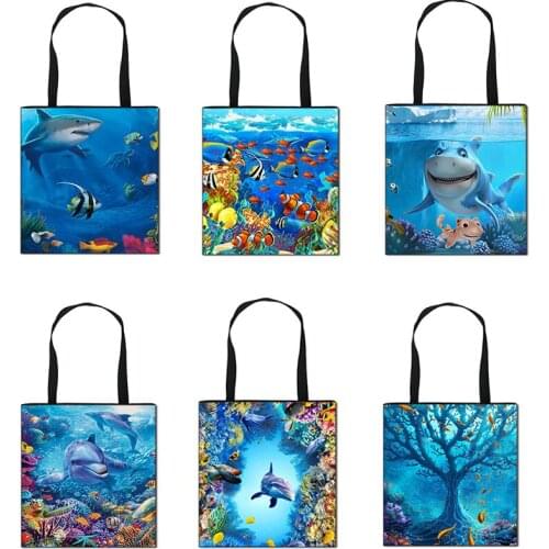 Underwater World Casual Tote Bag Women Handbag Shark/Dolphin/Turtle Large Capacity Shopping Bag Ladies Canvas Shoulder Bags