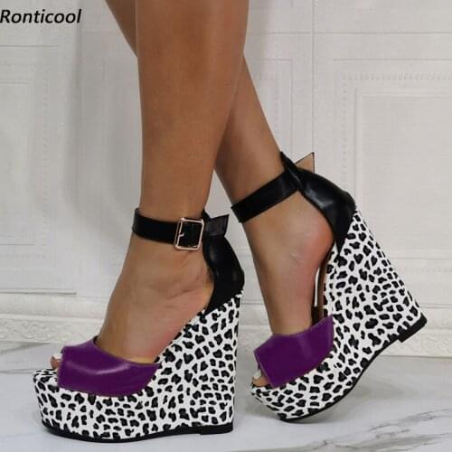 Ronticool Fashion Handmade Women Ankle Strap Sandals Leopard Wedges Heel Open Toe 12 Colors Night Club Shoes US Plus Size 5-20