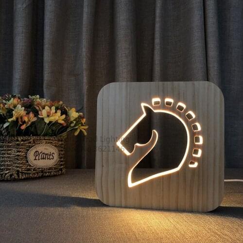 Xmas LED Wood Light 3D War Horse Illusion Luminaria Table Lamp Gifts For Kids Baby Birthday Bed Room Sleep Light Decoration