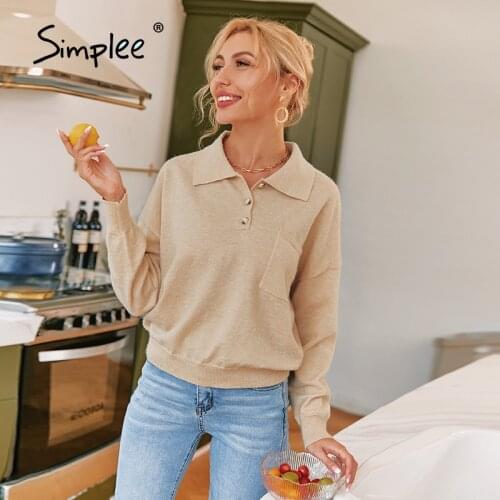 Simplee Elegant drop sleeves buttons women sweater apricot Office lady pocket loose short sweaters Female solid lapel pullovers