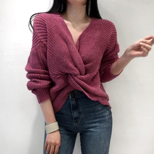 Women Autumn Winter V Neck Loose Sweater 2021 New Criss Cross Sexy Jumpers Knitted Jacket Full Sleeve Thick Pullovers