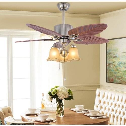 European-style Wood Carving Leaf Fan Light Living Dining Room Home Decor Ceiling Fan with lights Remote Control LED E27 Fan Lamp