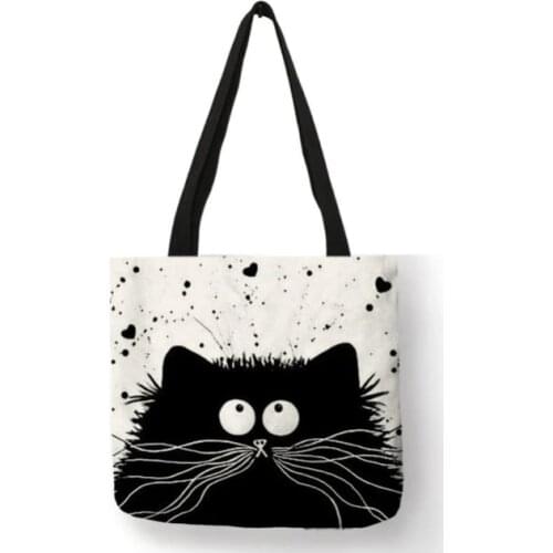 YLWHJJ brand Cute Cat Printing Women Handbag Linen Tote Bags with Print Logo Casual Traveling Beach Bags