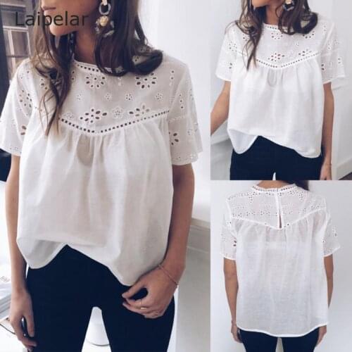 Elegant white women tops and blouse Summer ruffles short sleeve office women blosue casual hollow out ladies shirts blusas