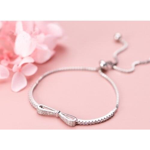 925 Sterling Silver Crystal Bowknot Charm Bracelet & Bangle For Women Wedding Party Jewelry Pulseras Mujer sl105