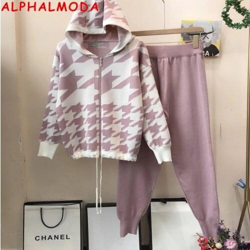 ALPHALMODA New Style Plaids Hooded Sweater Jacket + Pants Women Winter 2pcs Trendy Suit Ziper Jumper Loose Top + Trousers Suit