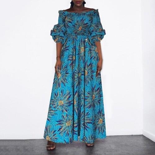 Pullover Bohemian Print Dress For Women Slash Neck Lantern Short Sleeve High Waist Loose Ankle Length Dresses Female New E637