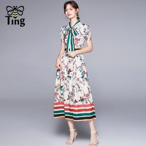 Tingfly Vintage Elegant Floral Print France Chic Color Hit Midi Long A Line Dress Women Summer Party Dinner Dresses Elbise Traf