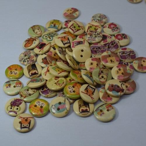 2018 New 100PCS Random Mixed Natural Owl 2 Holes Wooden Buttons Fit Sewing DIY Scrapbooking 15MM Wood Button Scrapbooking