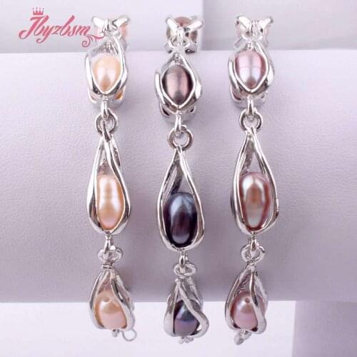 7x8-8x9mm Oval Natural Freshwater Pearl Beads White Zinc Alloy Fashion Style Woman Bracelets 7" 1 Pc,Wholesale