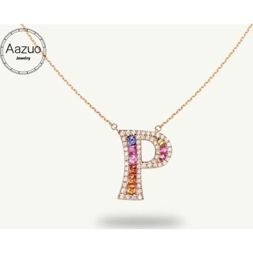 Aazuo 18K Rose Gold Natural Coloured Gemstone Real Diamond Fashion Rainbow Letter Free Pendent Necklace gifted for Women Au750