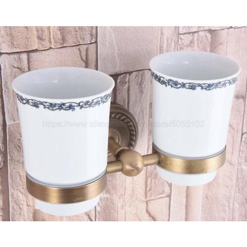 Antique Brass Ceramic Bath Toothbrush Holder Double Cup Tooth Brush Hooks Cups Bathroom Accessories Hardware zba222