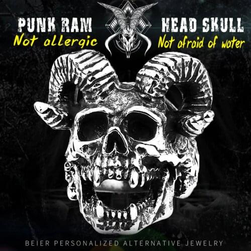 BEIER Unique Punk Gothic Goat Head Satanic Demon Sorath Skull Ring Men 316L Stainless Steel Biker Baphomet Jewelry BR8-406