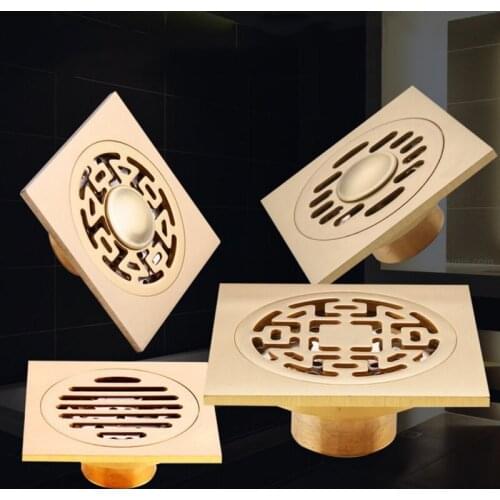 Dual-Use Antique Brass Flower Art Carved Euro Floor Drains Square Floor Drain Strainer Anti-Rust Bathroom Supplies