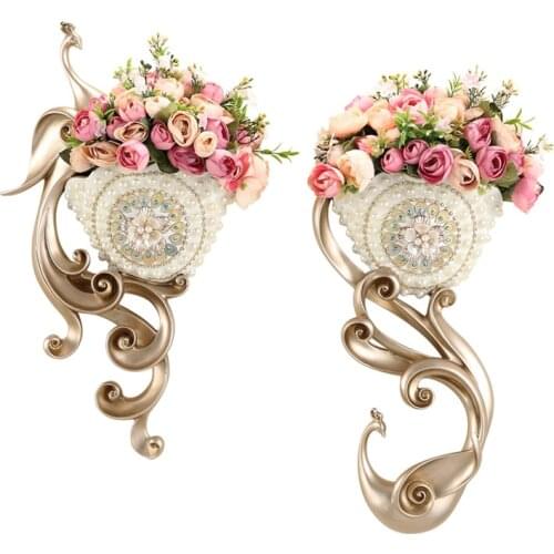 European 3D Stereo Wall Hanging Phoenix Resin Vase+Artificial Flower Decoration Crafts Home Livingroom TV Wall Background Murals