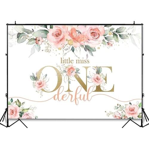 Blush pink flowers 1 year old party background Onederful Miss party baby girl one year old birthday shooting decoration banner