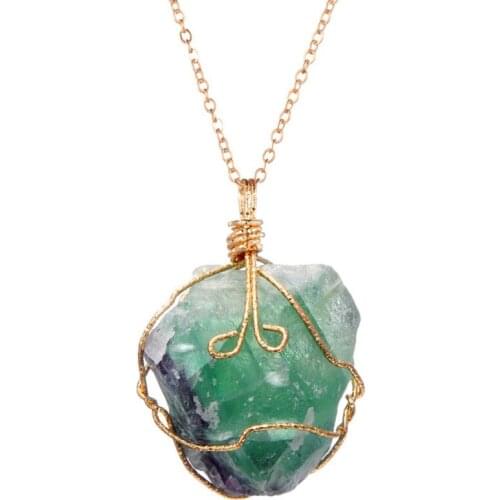 FYSL Light Yellow Gold Color Wire Wrap Irregular Shape Fluorite Stone Pendant Link Chain Necklace Rock Crystal Jewelry