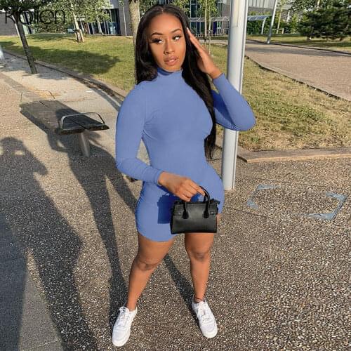 KLALIEN high quality elegant solid color knitted playsuit bodycon turtleneck 2020 casual street elastic jumpsuit outfits mujer