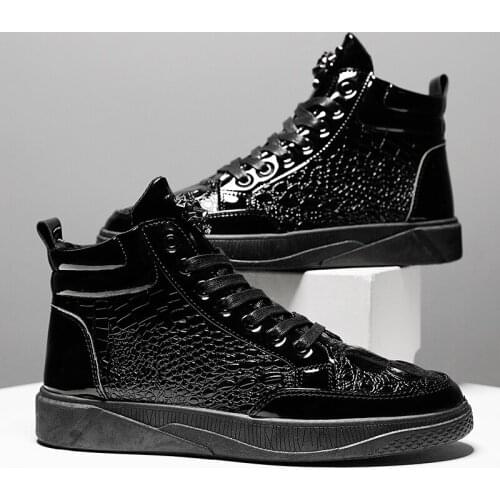 Spring Fashion Black High top Flat Crocodile Shoes Men Casual Alligator Print Glitter Shoes for Men Comfort Leather Sneakers Men