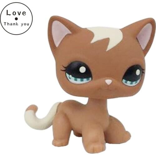 Lps Cat Pet Shop Toys Standing Short Hair Cat #1170 Brown White Cat Curl with Blue Eyes Animals Figure