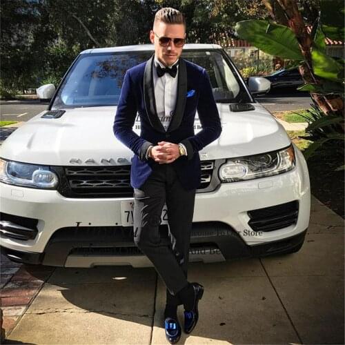 Dark Blue Velvet Men Suits 2 piece Jacket Pants Shawl Lapel Formal Tuxedos For Wedding Bridegroom Prom Blazers costume homme