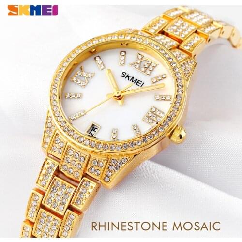 Luxury golden diamond women watch quartz wristwatch skmei brand top fashion stainless steel ladies watches elegant clock relojes