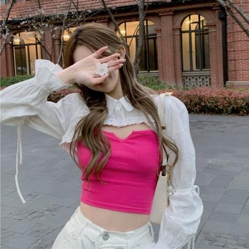 Shirts Female New 2021 Spring Short Solid Casual Tops Niche Retro Long-sleeved Turndown Collar Lacing White Polo Shirt Women