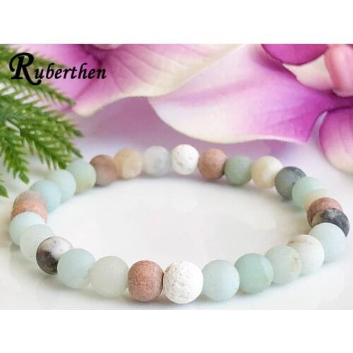 Ruberthen 6 mm Matte Amazonite Essential Oil Bracelet Anxiety Relief Yoga Mala Bracelet Women`s Lava Diffuser Boho Bracelet