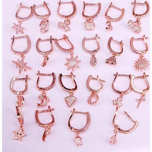 6Pairs, Star Moon Hand Flower Cross Heart Dangle Earrings Rose Gold Color CZ Micro Pave Luxury Earring For Wedding Party Gift