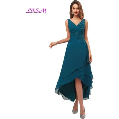 A-Line Beaded Chiffon Mother of The Bride Dresses V-Neck Ruffled Tea Length Evening Formal Dress Sleeveless Hi Low Mother Gowns