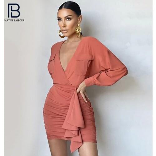 PB Stylish High Waist Draped Design Mini Dress Sexy V Neck Long Sleeves Celebrity Party Club Free Shipping