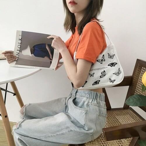 Spring Women Small Handbag Butterfly Print Canvas Tote Ladies' Fashion Underarm Bag Zipper Half Moon Bags Cotton Cloth Purse