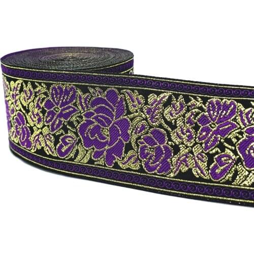 ZERZEEMOOY 2 inch 50MM 9YARD Woven Jacquard Ribbon Gold Wire And Purple Rose Handmade Accessories