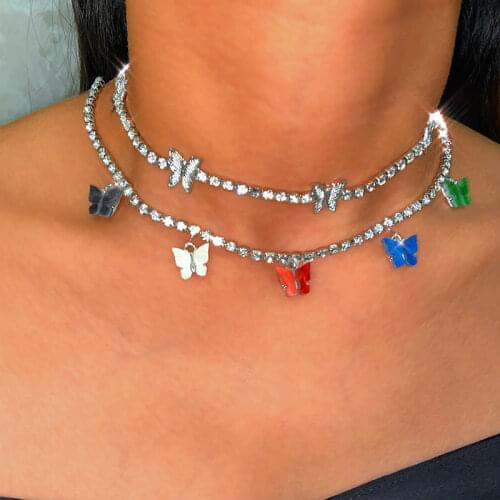 2020 New Multicolor Butterfly Pendant Necklace for Women Fashion Luxury Crystal Tennis Chain Choker Necklace Party Jewelry Gift